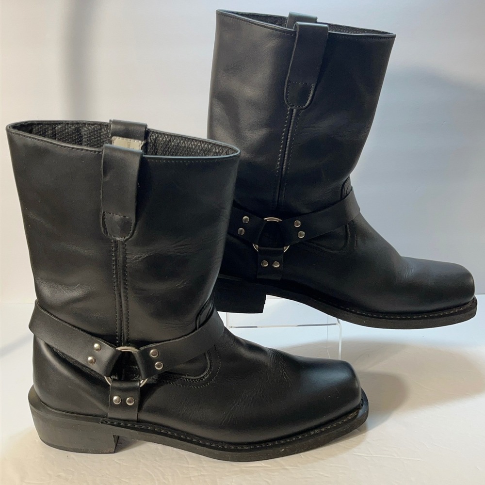 Climate Men Boots 13 Black Harness Biker Square Toe Leather Oil Resistant Goth